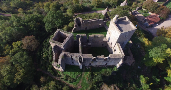 Vue aérienne du château avec au premier plan le logis duc et à droite le donjon